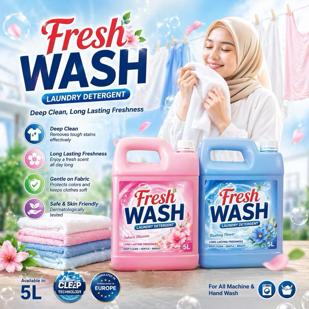 Fresh Wash Laundry Detergent — kempen pink dan biru bersama model bertudung